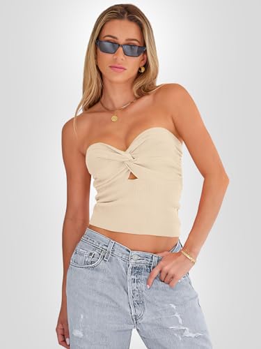 EFAN Womens Tube Tops Going Out Cut Out Twist Knot Front Bandeau Ribbed Knit Y2K Strapless Tank Bustier Corset Tops LightGreen M