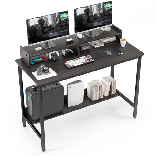 WOODYNLUX Computer Desk with Shelves, 43 Inch Gaming Writing Desk, Study PC Table Workstation with Storage for Home Office, Living Room, Bedroom, Metal Frame, Carbon Black