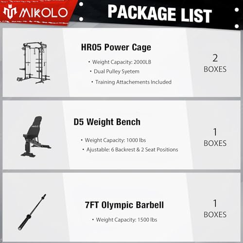 Mikolo Power Cage, 2000LB Power Rack with Independent Dual Pulley System, Multifunction Home Gym Workout Machine for Cable Crossover (Black Package)