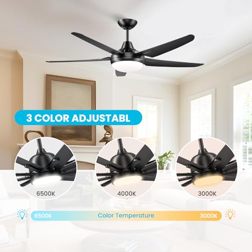 CJOY 54 inch Ceiling Fans with Lights and Remote, Black Ceiling Fan with Light 5 Blades, Dimmable LED 3000K/4000K/6500K, Quiet Reversible DC Motor, 6 Speeds,Timer, Indoor/Outdoor