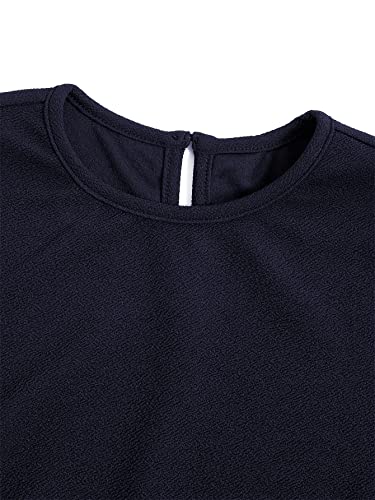 WDIRARA Women's Floral Lace Panel Long Mesh Sleeve Round Neck Keyhole Back Formal Flared A Line Short Dress Navy Blue 8Y