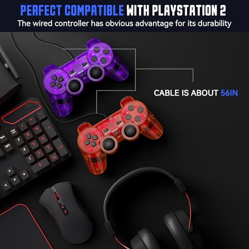 Doueuain Wired Controller for PS2, 2 Pack Gamepad Remote Double Shock Compatible with Play station 2, with 1.8M Cable(Clear Red and Clear Blue)