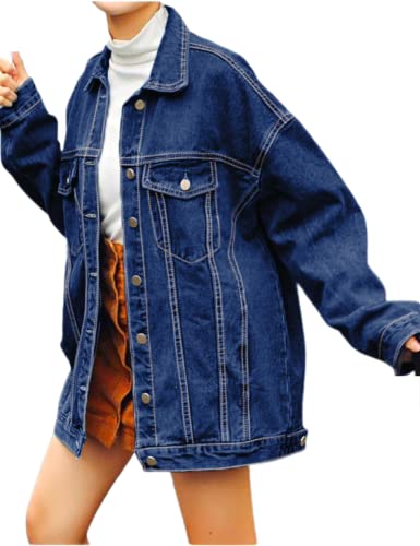 Gozoloma Women's Casual Loose Oversized Denim Jacket Button Up Long-Sleeved Jean Jacket Coat (0011-DarkBlue-XS)
