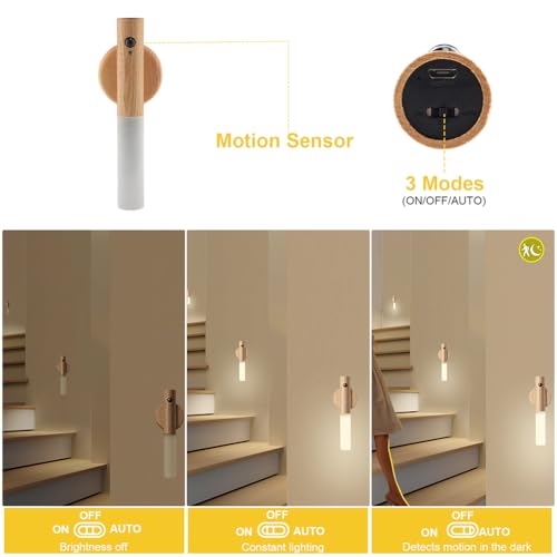 LANDGOO Motion Sensor Night Lights Magnet Body Sensor Hallway, Rechargeable Led Light Portable Stairway, Wooden Wall Sconce Battery Powered Cabinet Lights(Walnut Wood 1PC)