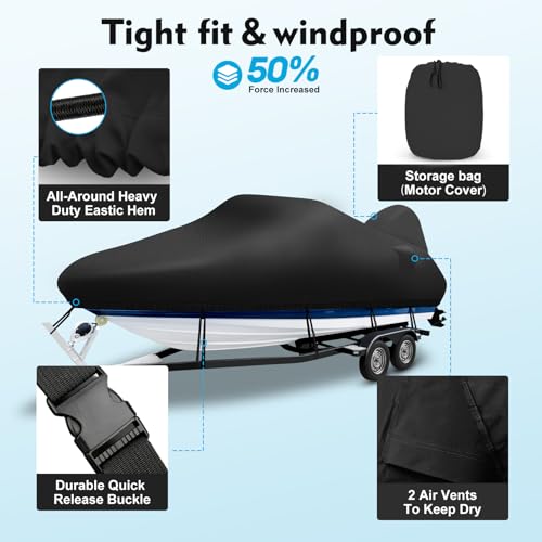 Boatpro Boat Cover 16-18ft with Motor Cover, Waterproof 1200D Fade Resistant Solution-Dye Marine Canvas Trailerable Boat Covers for 16 feet 17ft 18' Foot V-Hull Bass Boat Tri-Hull Runabout Boat, Black