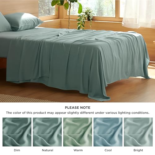 Bedsure Cooling Sheets for Queen Size Bed, 4 Pcs Blend of Rayon Derived from Bamboo Linen Sheets, 15" Deep Pockets, Silky Ultra Soft Breathable for Hot Sleepers - Blue