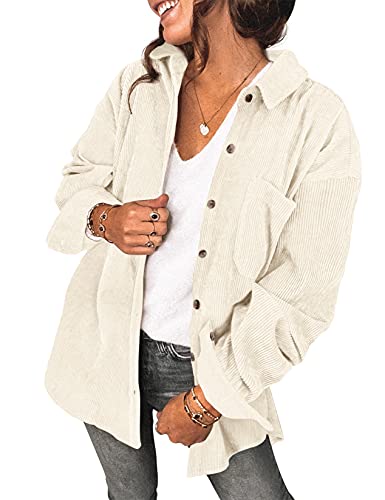 Saslax Womens Corduroy Shirt Long Sleeve Oversized Button Up V Neck Blouses Tops Loose Shacket Jacket with Pockets Army Green S