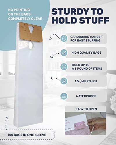 Skywin- Plastic Door Hanger Bags 6” x 19” (100 Pack), Clear Door Hanger Bags Protects Flyers, Brochures, Printed Materials - Waterproof and Secure Door Knob Hanger for Outdoor Use