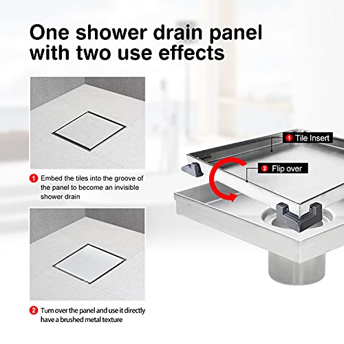 SaniteModar Shower Drain 4 inch with Shower Drain Base,Shower Drain with Tiled Stealth and 304 Stainless Steel Brushed Chrome 2 in 1 Panels,Includes Hair Strainer and Threaded Adapter…