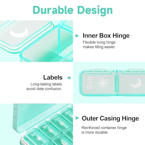 Travel Pill Organizer 2 Times A Day, 7 Day Am Pm Pill Box Weekly Pill Organizer with Separate Container, Portable Daily Medicine Planner Dispenser Case for Vitamin, Fish Oils, Supplements(Black)