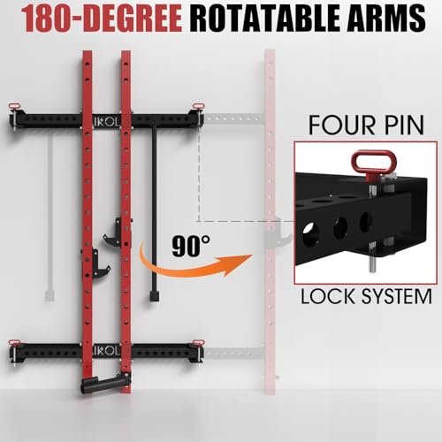 Mikolo 2" x 2" Folding Wall Mounted Squat Rack, 1000 Pounds Capacity Power Rack with Pull Up Bar, J Hooks, Landmine and Other Attachments, Space-Saving Home Gym(Black)