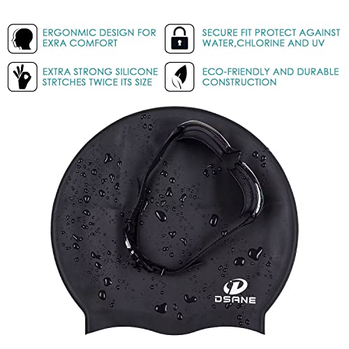 Dsane Extra Large Swimming Cap for Women and Men,Special Design Swim Cap for Very Long Thick Curly Hair&Dreadlocks Weaves Braids Afros Silicone Keep Your Hair Dry(Black/XL)