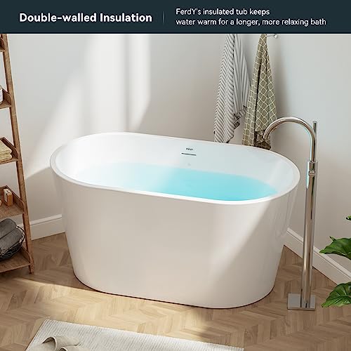 FerdY Shangri-La 47" Acrylic Freestanding Bathtub, Small Classic Oval Shape Acrylic Soaking Bathtub with Chrome Drain & Minimalist Linear Design Overflow, Modern White, cUPC Certified