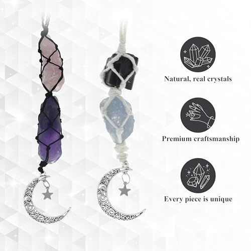 BOHO GARDEN Hanging Car Charm - Black Tourmaline & Carnelian - Dangling Moon, Healing Crystal Accessories, Rearview Mirror Decorations - Grounding, Confidence, Protection, Transformation, Joy, Energy