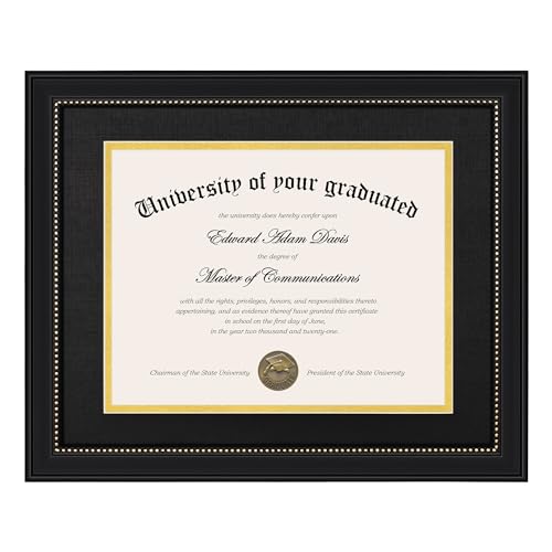 upsimples 11x14 Diploma Frame with High Definition Glass, Display 8.5x11 Certificate with Black over Gold Mat, Degree Document Frame for Wall and Tabletop, Black with Gold Beads, 1 Pack