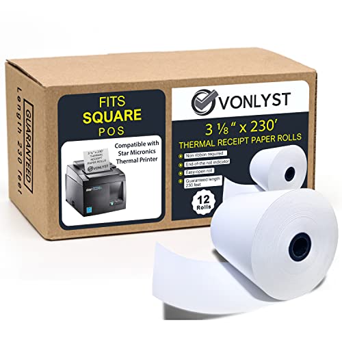 Vonlyst Receipt Paper Roll 3 1/8 x 230 for Square Register and Square POS System connected to Star Micronics Thermal Printer (Pack 12 rolls)