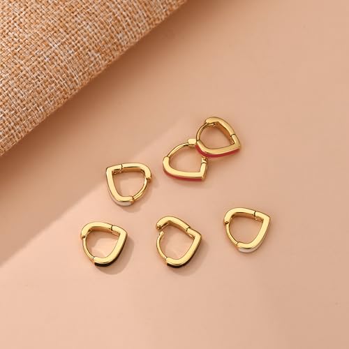 JINEAR 3 Pairs Heart Enamel Earrings for Women, 14K Gold Small Hoop Earrings Heart Enamel Earrings Dainty Heart Huggie Earring Gifts