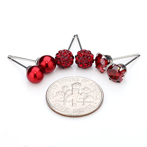 JewelrieShop Blue Studs Earrings for Women CZ Rhinestones Crystal Ball Fake Pearl Stainless Steel Party Stud September Birthstone Earring Set for Women (3 pairs,6mm Round,blue)