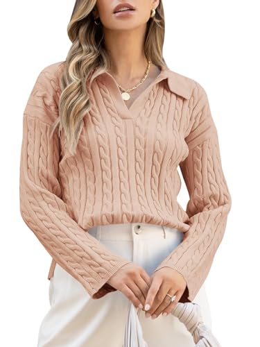 Saodimallsu Womens Cable Knit Sweater V Neck Collar Fall Trendy Long Sleeve Slouchy Loose Pullover Sweaters Tops Beige