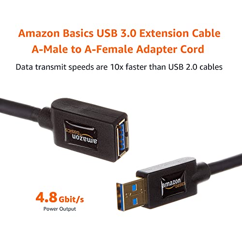 Amazon Basics 2-Pack USB-A 3.0 Extension Cable, 4.8Gbps High-Speed, Male to Female Gold-Plated Connectors, 3 Foot, Black