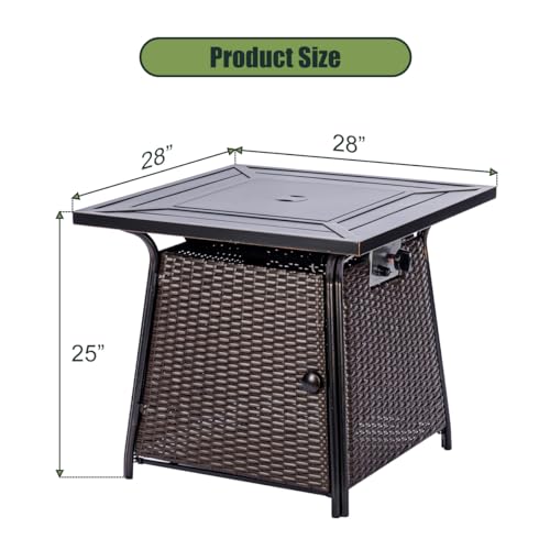 OutVue 28 inch Wicker Propane Fire Pit Table,Gas Fire Pits Table for Outside,50000 BTU Propane Fire Pit with Lid &Lava Rocks,Gas Firepit for Garden,Yard (Brown Rattan)