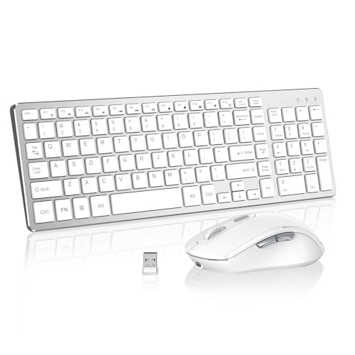 Wireless Keyboard Mouse Combo, Ultra Slim Computer Keyboard and 2400 DPI USB Silent Mouse with Invisible Light Design, Scissor Switch, for Laptop PC Chromebook Windows (KM202-Silver White)