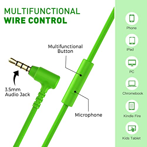 rockpapa 950 Wired Headphones for Kids Girls Boys for School Classroom with Microphone, On-Ear Foldable Corded Headphones with Jack 3.5mm for Laptop Computer Tablet Chromebooks Black Green