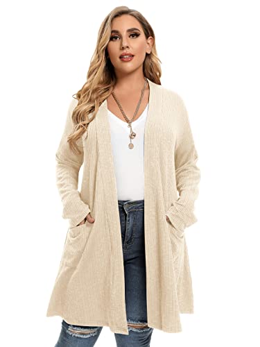 LARACE Open Front Knit Cardigan Sweaters for Women Plus Size Long Sleeve Tops with Pockets Lightweight for Winter(F-WineRed 5X)