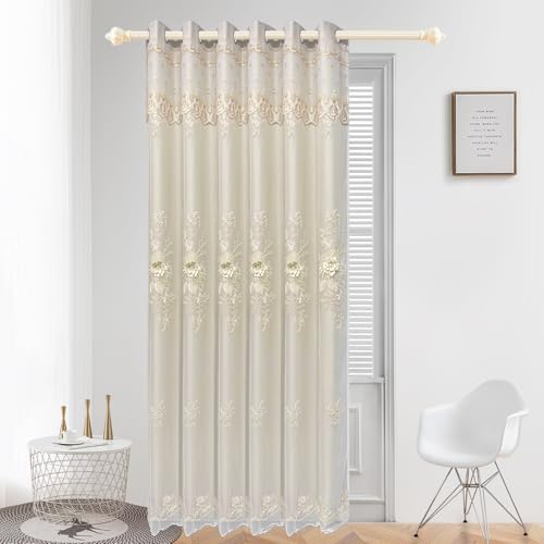 European Beige Double Layer Blackout Curtain for Bedroom Living Room Grommet Top Elegant Floral Beaded Embroidery Sheer Voile Plus Thick Shading Thermal Insulated Cloth Curtains 1PC W50 L84 inch