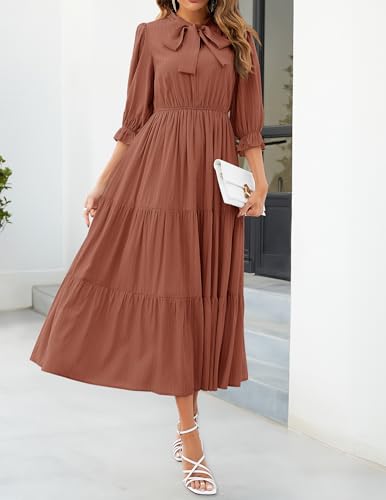 ZESICA Women's Casual Half Sleeve Tie V Neck Elastic High Waist Solid Color Flowy Tiered A Line Beach Party Maxi Dress,Apricot,Small