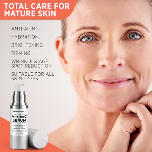 Super Vitamin C Serum for Women Over 70: Vitamin C, Hyaluronic Acid, Vitamin E, Caffeine, Hydrating, Lifting, Face Wrinkle & Age Spots Reduction
