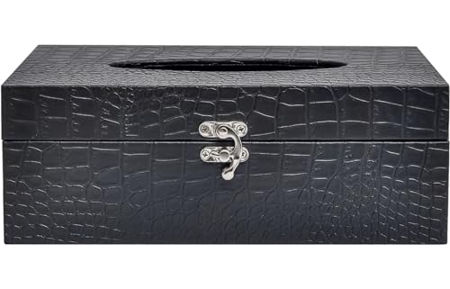 JUMBO DECOR Crocodile Leather Tissue Box Cover with Clasp – Modern Elegant Black Tissue Box Holder for Bathroom, Bedroom, and Living Room – Kleenex Box Covers in Rectangle Shape