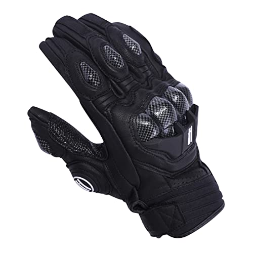 Harssidanzar Leather Motorcycle Gloves,Full Finger Motorbike Riding Powersports Knuckle Protection Road Racing Gloves Men Womens KM046,Black,Size S