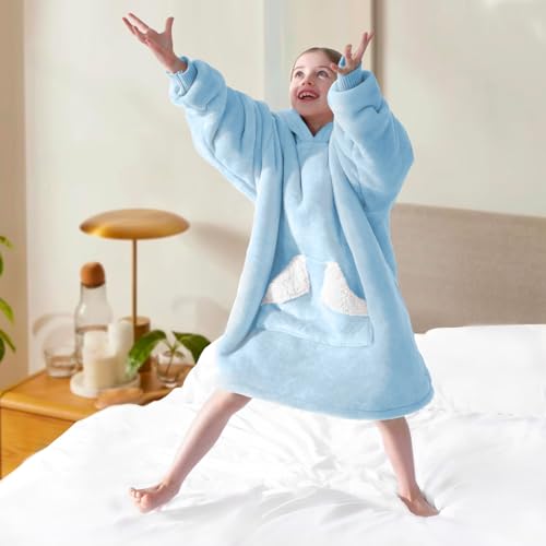Touchat Wearable Blanket Hoodie, Oversized Sherpa Blanket Sweatshirt with Hood Pocket and Sleeves, Super Soft Warm Plush Hooded Blanket for Kids, One Size Fits All (Airy Blue)