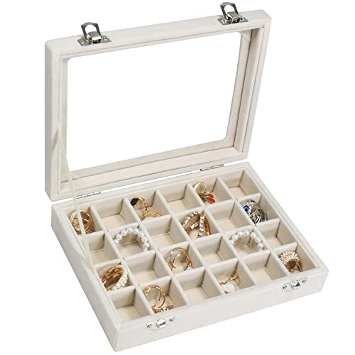 Vicoter Velvet Jewelry Box 24 Grid Jewelry Ring Display Organiser Box Tray Holder Earrings Storage Case for Girls Wife Mom Women (Beige)