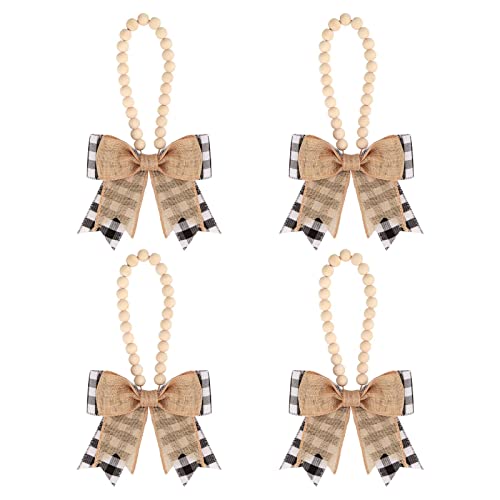 Meseey 4 Pieces Double-Layered Burlap Bows with Wood Beads Garland Hanging Bows Rustic Bow with Wooden Bead Decor for Christmas Trees Holiday Farmhouse Wreath Decoration
