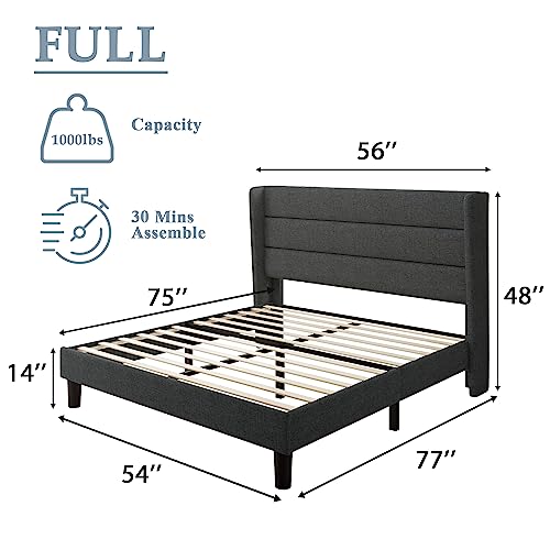 Feonase Queen Bed Frame, Upholstered Platform Bed Wingback, Wood Slats Support, No Box Spring Needed, Easy Assembly, Noise-Free, Dark Gray
