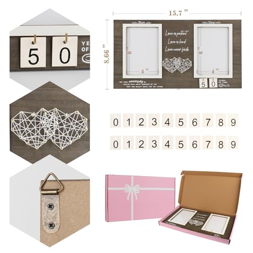 Then and Now Anniversary Picture Frame, 1-99 Years Wedding Gift Ideas, Engagement Bridal Shower Gifts, 25th Anniversary Wood Double Photo Frame for Couple, 4x6 Inches Photos