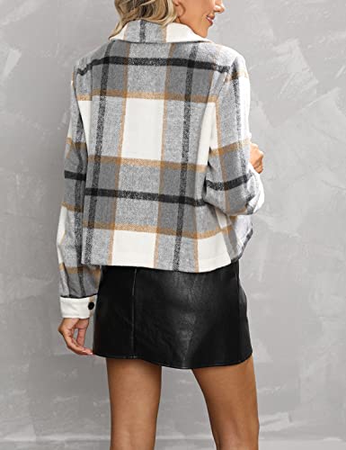 Yeokou Women's Fashion Cropped Flannel Wool Blend Plaid Shacket Long Sleeve Button Down Jackets Coat(Brown-S)