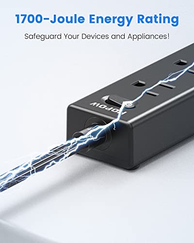 HOPOW Flat Plug Power Strip, 6 Ft Ultra Thin Extension Cord, Surge Protector with 5 Outlets & 3 USB Ports (2 USB C), 1700 Joules, Wall Mount, Desktop Charging Station for Home Office Dorm, Black
