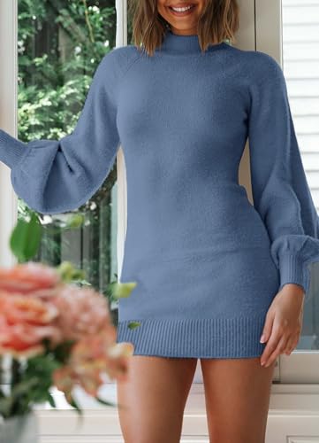 ZESICA Women's 2024 Casual Turtleneck Long Puff Sleeve Soft Fuzzy Knit Bodycon Pullover Mini Sweater Dress,Tomato,Large