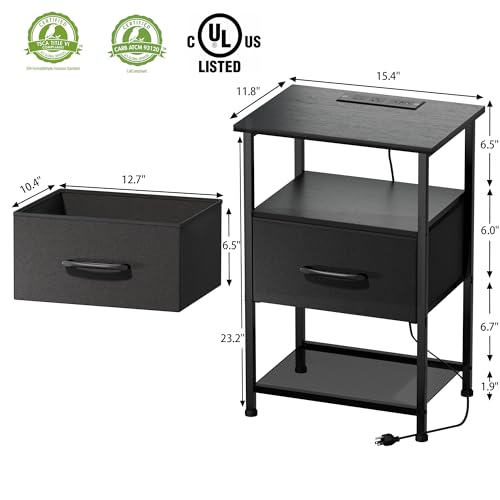 LAKEMID Nightstands Set of 2 with Charging Station and Drawer, End Table Bedside Table with 20 Colors LED Light Strip and 2 Layers Shelf for Bedroom Living Room Sofa Couch (Black)