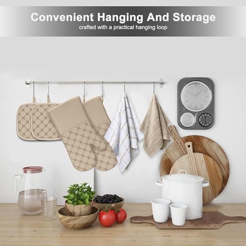 Oven Mitts Kitchen Towels Dishcloths with Pot Holders Sets 12PCS, Dish Towels Sets, Oven Gloves Pot Pads Heat Resistant 500 Degrees with Non-Slip Silicone Surface for Cooking Baking Grilling Black