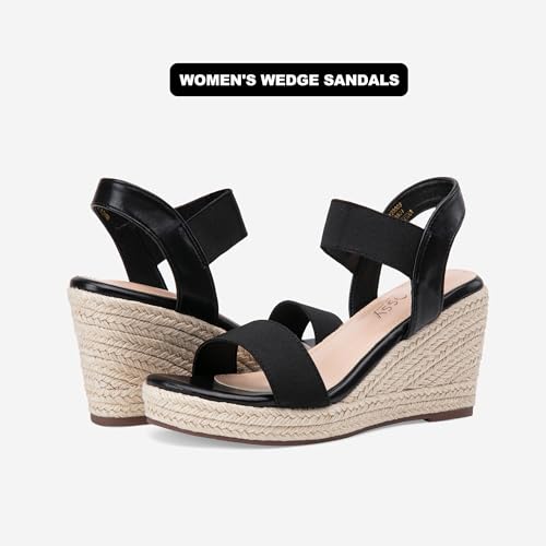 Jeossy Women's 8801 Black Wedge Sandals for Women,Ankle Strap Espadrille Sandals for Women Dressy Summer Size 6(DJY8801 Black 06)