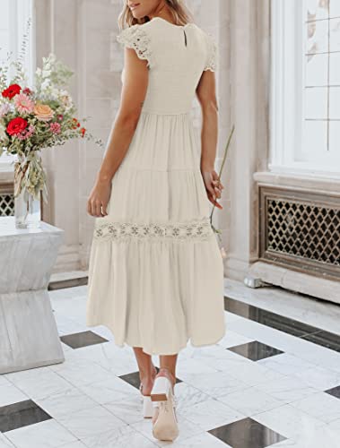 ZESICA Women's 2024 Casual Crew Neck Flutter Sleeve Smocked High Waist Hollow Out Lace Trim Tiered A Line Midi Dress,Sage,Large