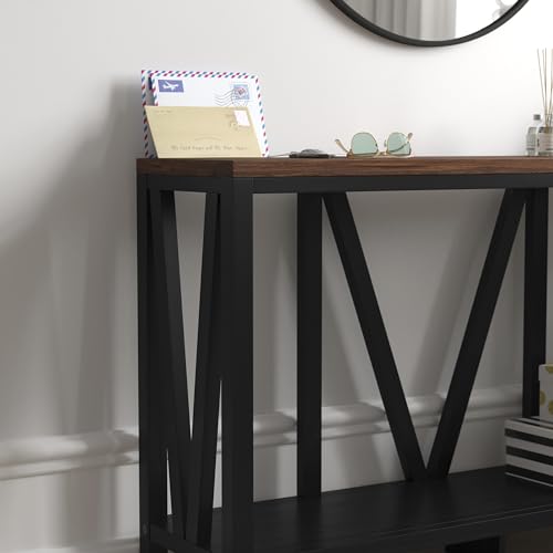 BizChair Farmhouse 2-Tier Console Table - Black Finish Engineered Wood Frame - Walnut Finish Tabletop - for Entryway or Living Room