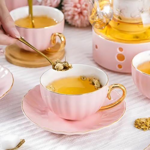 ICHAG Tea Cups and Saucers Set, Tea Cup Set, Cappuccino Cup, 7oz Vintage Porcelain Teacup and Saucer Set with Golden Spoon, Latte Cups, Coffee Cup Set for Women's Tea Party, Home Office Gifts (1pc)