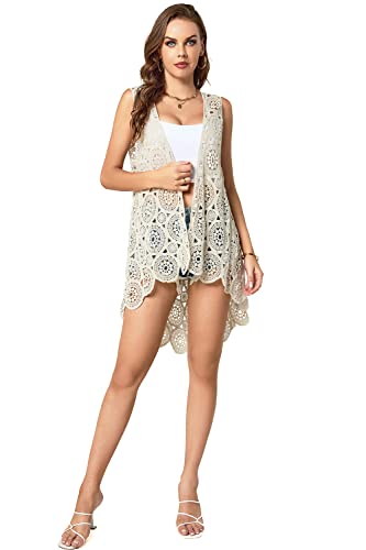 Women's Crochet Lace Vest Boho Sleeveless Kimono Irregular Hem Cardigan (Navy-W03)