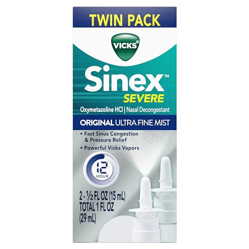 Vicks Sinex SEVERE Nasal Spray, Original Ultra Fine Mist, Decongestant Medicine, Relief from Stuffy Nose due to Cold or Allergy, & Nasal Congestion, Sinus Pressure Relief, 265 Sprays x 2