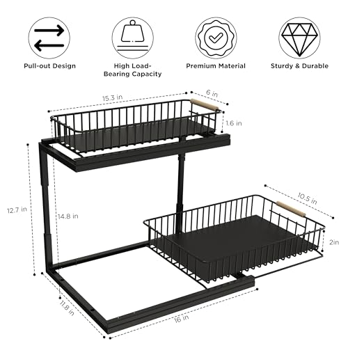 UBTKEY Under Sink Organizer, Pull-Out Cabinet Organizer 2 Tier Slide Out Sink Cabinet Storage Shelves, Under Sink Cabinet Organizer Storage for Kitchen Bathroom, Black